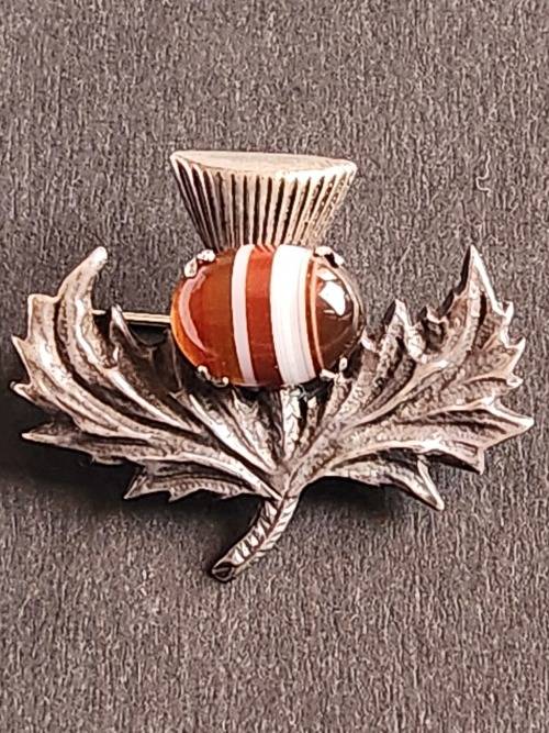 Vintage Robert Allison Scottish Hallmark Silver Tistle Brooch with Citrine Celtic 11.2g