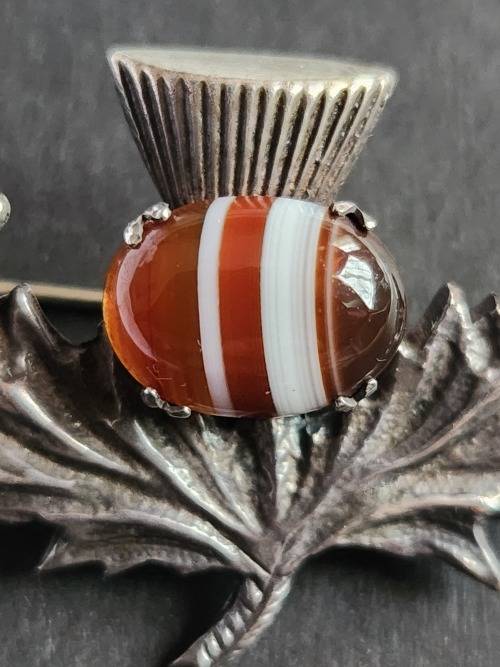 Vintage Robert Allison Scottish Hallmark Silver Tistle Brooch with Citrine Celtic 11.2g