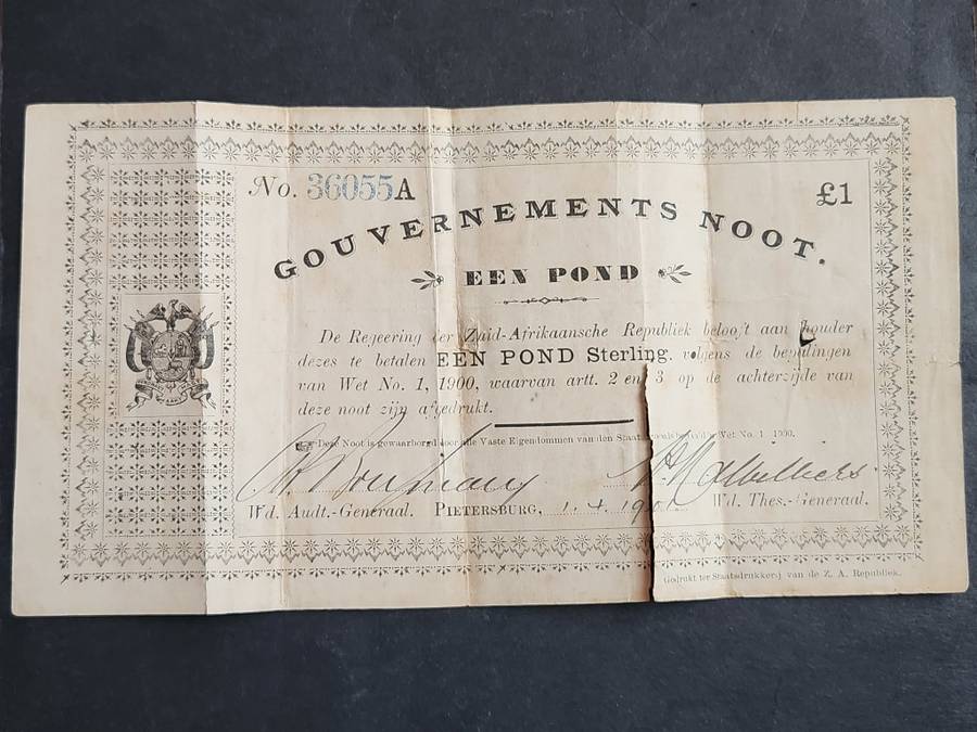 ZAR Governments Noot Een Pond Pietersburg signed 1/4/1901 (204mm x 115mm) tears/folds - as per photo