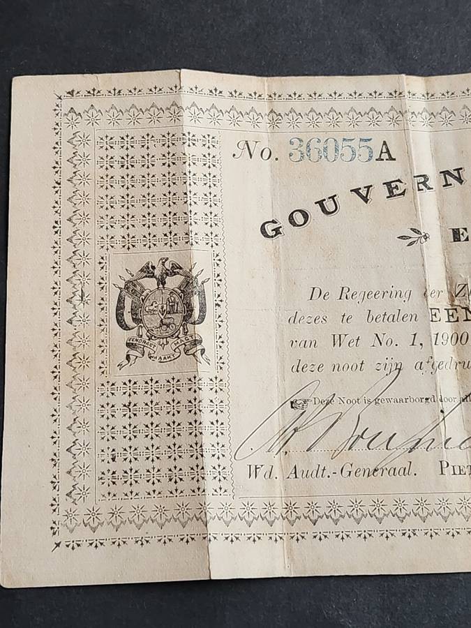 ZAR Governments Noot Een Pond Pietersburg signed 1/4/1901 (204mm x 115mm) tears/folds - as per photo
