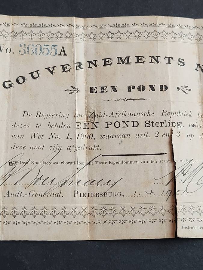 ZAR Governments Noot Een Pond Pietersburg signed 1/4/1901 (204mm x 115mm) tears/folds - as per photo