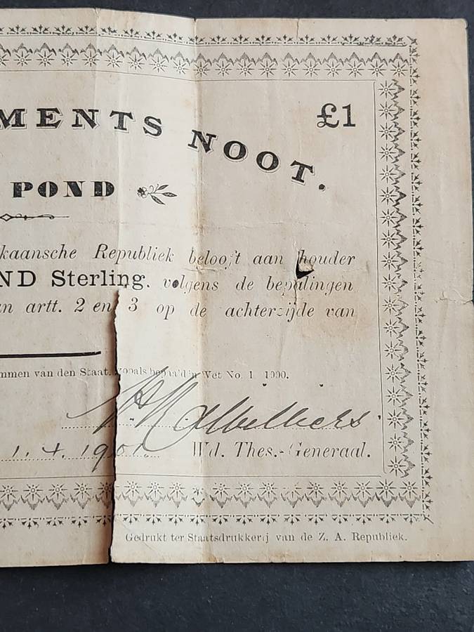 ZAR Governments Noot Een Pond Pietersburg signed 1/4/1901 (204mm x 115mm) tears/folds - as per photo