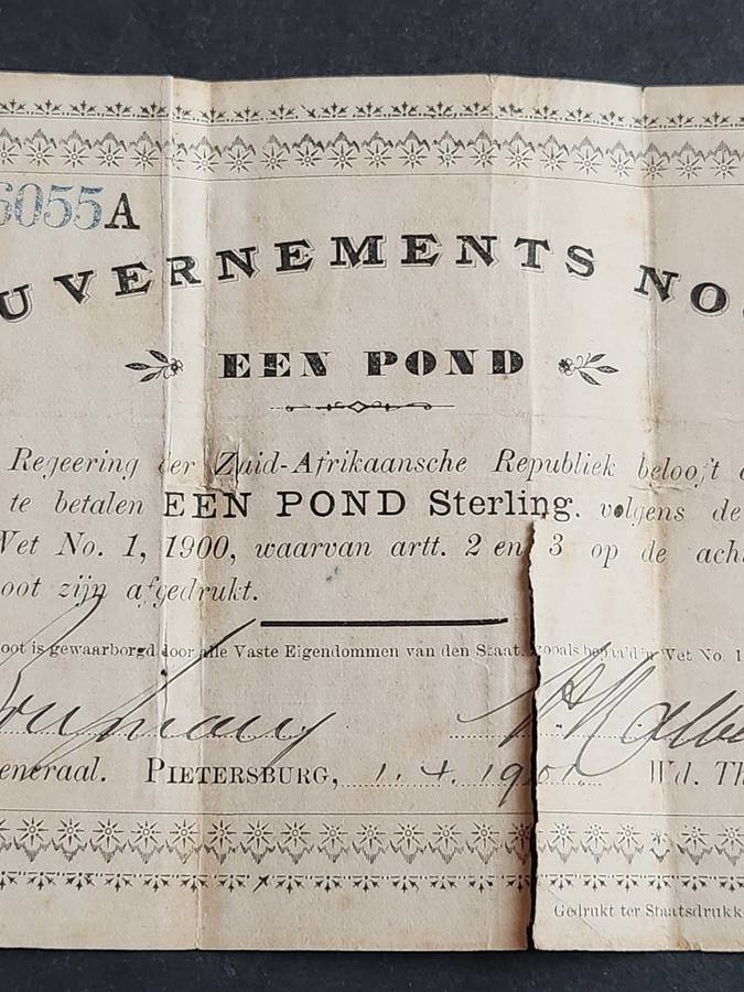 ZAR Governments Noot Een Pond Pietersburg signed 1/4/1901 (204mm x 115mm) tears/folds - as per photo