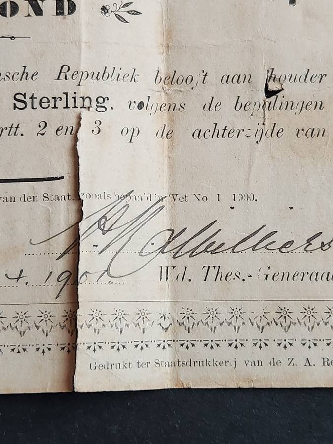 ZAR Governments Noot Een Pond Pietersburg signed 1/4/1901 (204mm x 115mm) tears/folds - as per photo