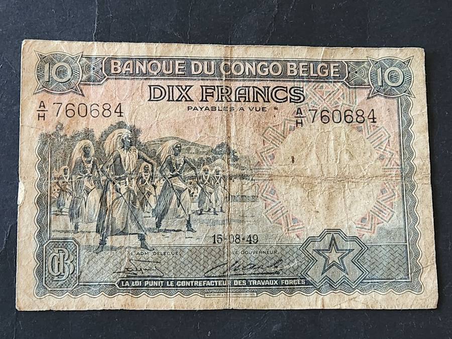 Belgium Congo 10 Francs 15/8/1949 (slight tear on side of note) - as per photograph