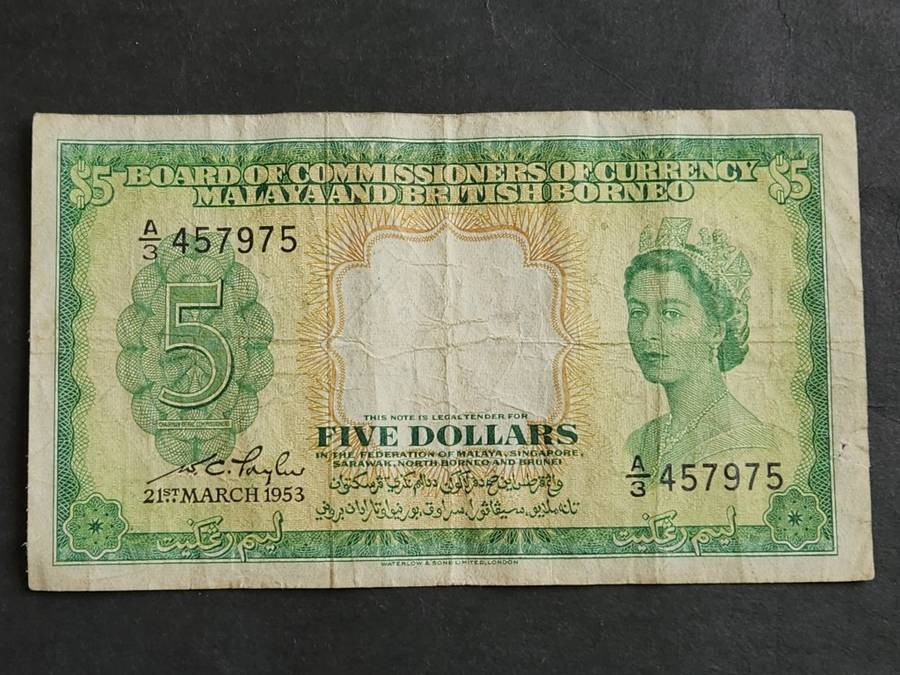 Malaya and British Borneo Five Dollars 21st March 1953 QEII (scarce note) - as per photograph