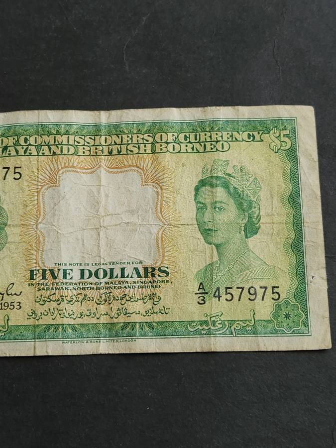 Malaya and British Borneo Five Dollars 21st March 1953 QEII (scarce note) - as per photograph