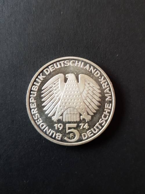 Bundes Republik Deutsche 5 Mark(25th Anniversary of the Federal Constitutional law 1974) Silver UNC