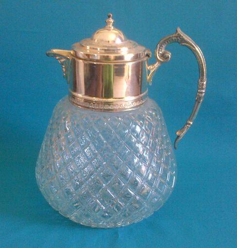 STUNNING LARGE & HEAVY CUT GLASS + SILVER PLATED CLARET JUG