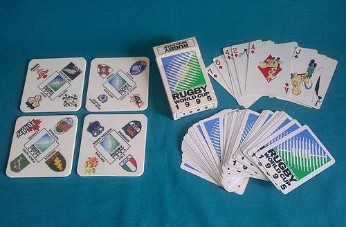 SET OF 4 RUGBY WORLD CUP 1995 COASTERS + BOX OF PLAYING CARDS