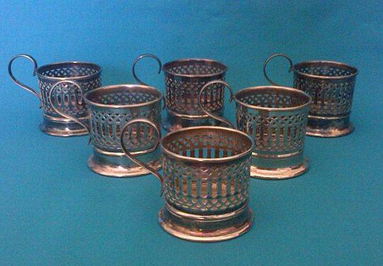 SET OF 6 SILVER PLATED E.P.N.S GLASS HOLDERS