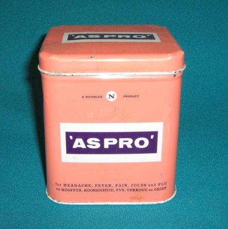 OLD 'ASPRO' MEDICINE TIN (AFRIKAANS & ENGLISH)