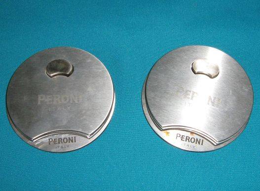 SET OF 6 PERONI METAL COASTERS WITH HOLDERS