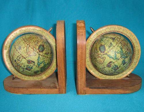 NICE PAIR OF WOODEN WORLD GLOBE BOOK-ENDS