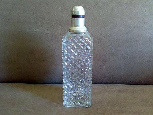 OLD CUT GLASS DECANTER WITH SILVER PLATED TOP
