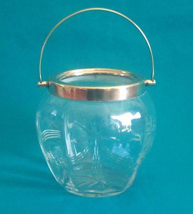 BEAUTIFUL CUT GLASS/ CRYSTAL ICE BUCKET WITH SILVER PLATED RIM