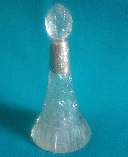 LARGE CUT GLASS PERFUME BOTTLE WITH DETAILED HALLMARKED SILVER COLLAR