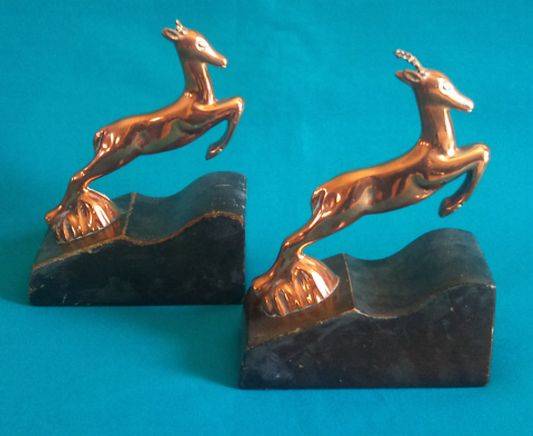 OLD PAIR OF WOODEN & COPPER "SPRINGBOK" BOOK-ENDS