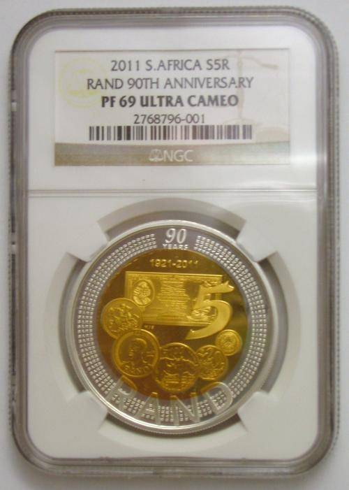 LATE ENTRY!!!***90th Anniversary of the SARB***NGC - PF69***Silver and 24ct Gold Plated R5- Crown**