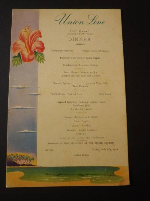 UNION LINE -   T.S.S. "MONOWAI"  - DINNER MENU FRIDAY 11 JULY, 1952