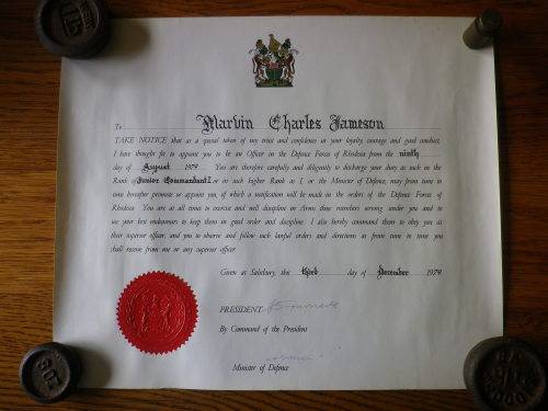RHODESIAN DEFENCE FORCES OFFICERS COMMISSION, NAMED WITH RHODESIAN SEAL - 1979 - UNCOMMON
