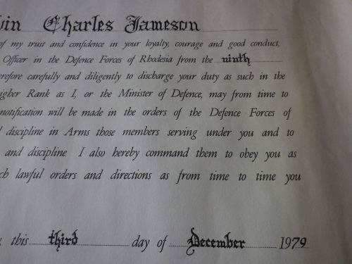 RHODESIAN DEFENCE FORCES OFFICERS COMMISSION, NAMED WITH RHODESIAN SEAL - 1979 - UNCOMMON