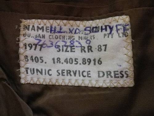SADF:- ORDNANCE SERVICES CORPS. NO 2 DRESS TUNIC + TROUSERS - INSCRIBED  (Z3131)