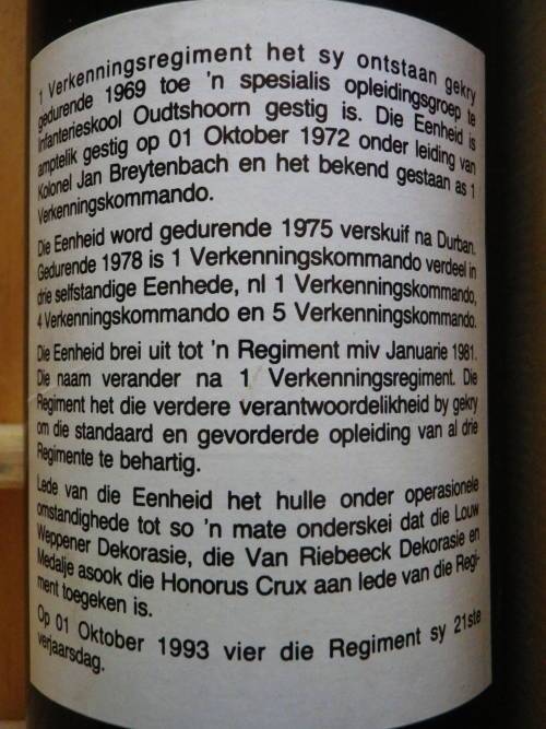 SADF- 1 RECCE 21ST ANNIVERSARY 1993 RED WINE IN ORIGINAL PRESENTATION BOX - 1 BOTTLE MISSING (3546)
