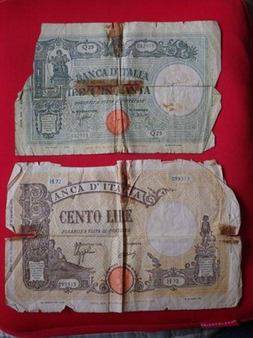 50 + 100 LIRA ITALIAN BANK NOTES 1943. POOR CONDITION AS SEEN