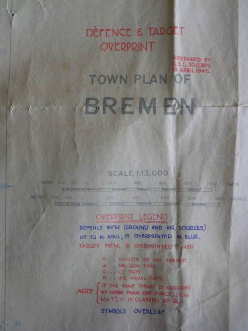 BRITISH WW2 MAP OF BREMEN MARKED SECRET - USED BY BRITISH OFFICER - NOTE TEAR -- SEE BELOW    (3727)