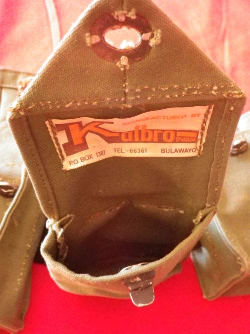 RHODESIA  - 3 MAG POUCHES, 1 X SINGLE, 2 X DOUBLE MADE KALBRO, BYO - ON IMPROVISED BELT - RARE (2338