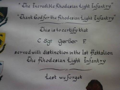 RHODESIA - RLI ORIGINAL CERTIFICATE OF SERVICE - C/SGT F. GERBER  - FRAMED 54X40cm  (3885)