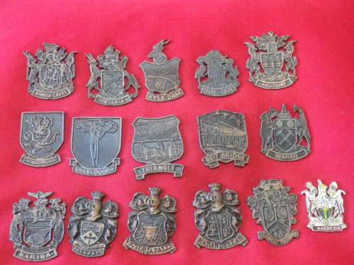 RHODESIAN LOT  - 16 X CITY / TOWN / PLACE CRESTS - OFF A DISPLAY - HAS MOUNTING RESIDUE ON REVERSE
