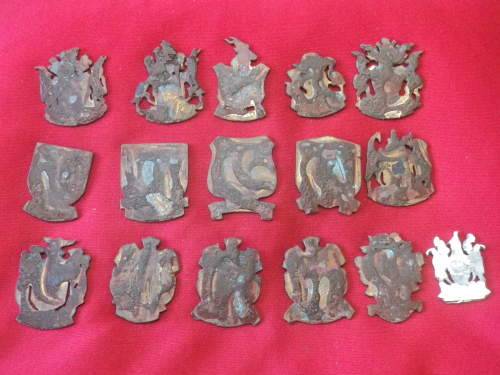 RHODESIAN LOT  - 16 X CITY / TOWN / PLACE CRESTS - OFF A DISPLAY - HAS MOUNTING RESIDUE ON REVERSE