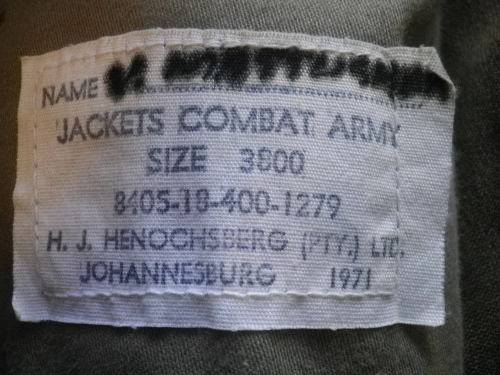 SADF- 1960'S KHAKI BUNNY JACKET + TROUSERS+ LS SHIRT + TIE - BADGED TO 1SSB + 2 SAI           (4589)