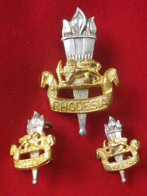 RHODESIAN ARMY EDUCATIONAL CORPS - OFFICERS GILT & SILVERED  FACING PAIR COLLAR + CAP BADGES  (3025)