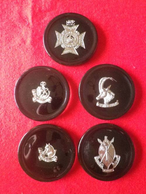 RHODESIAN PERIOD - 5 X RESIN COASTERS - GREYS, RLI, RR, RAR,  RhACR    DIAMETER 8cm           (1051)