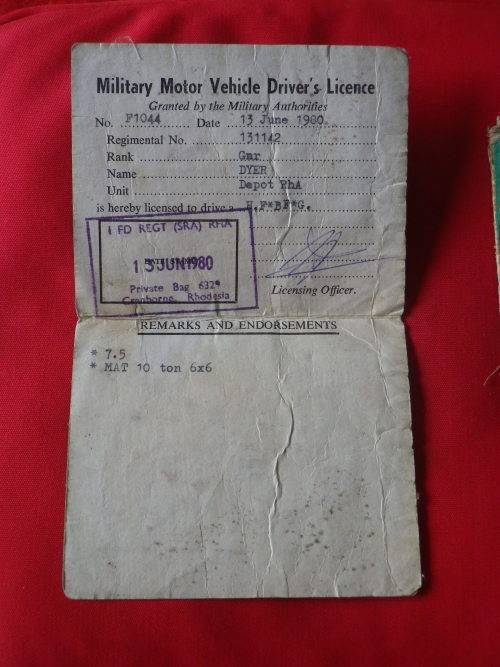 RHODESIAN - 2 X MILITARY DRIVERS LICENCES, SOME WEAR - OWNERS DETAILS AS SEEN    (8074)