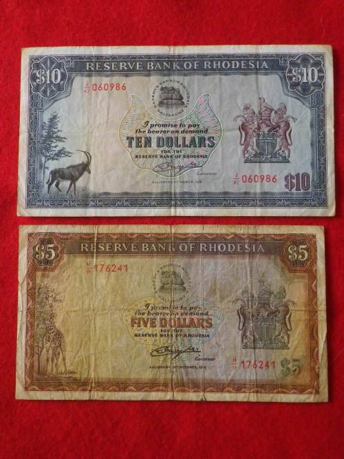 RHODESIAN $5 + $10 NOTE - CONDITION AS SEEN - DATED 20/10/1978 AND 15/3/1976         (8186)