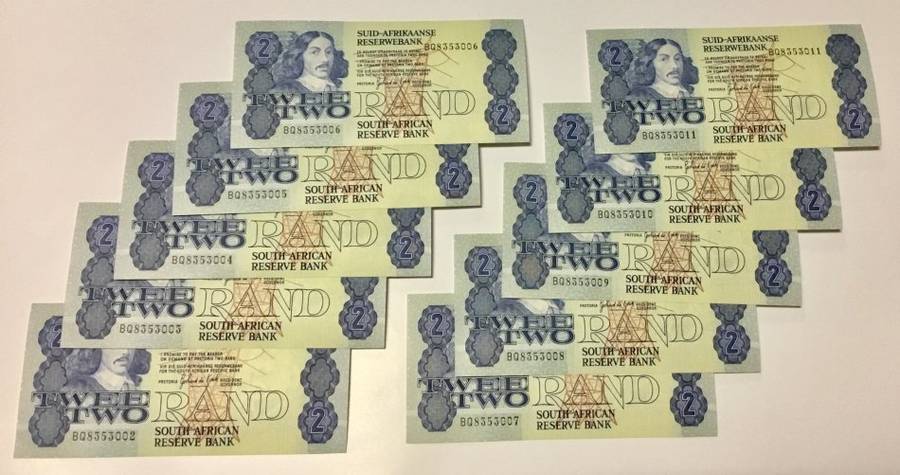 SALE! Under R300.00!!  ||  Two Rand Notes - 10 in sequence UNC quality  ||