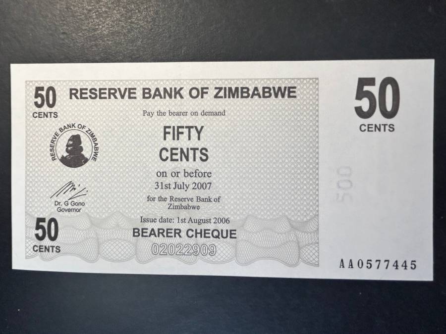 Zimbabwe 50 cent bearer cheque.