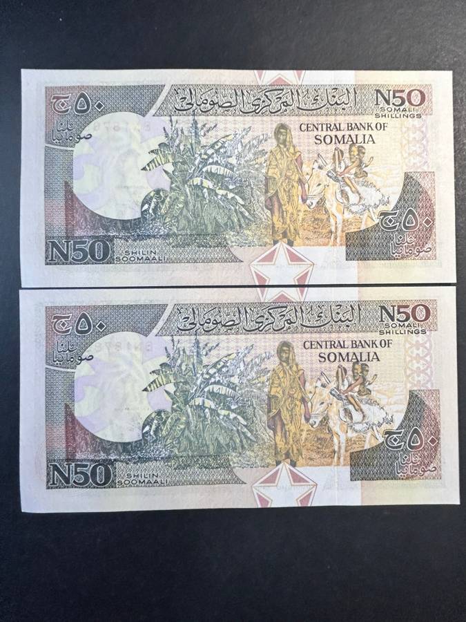 Somalia 2 x 50 Shilling notes.
