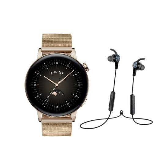 Huawei Watch GT 3 Smartwatch (42mm) - Elegant Gold with Huawei Bluetooth Headset