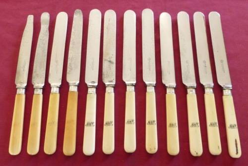 Set of 12 large Victorian bone handled knives - silver collars (b)