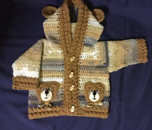 Crocheted Baby Boy Hooded Jacket & Shoes Set - Earthy Colors  - Teddy Applique