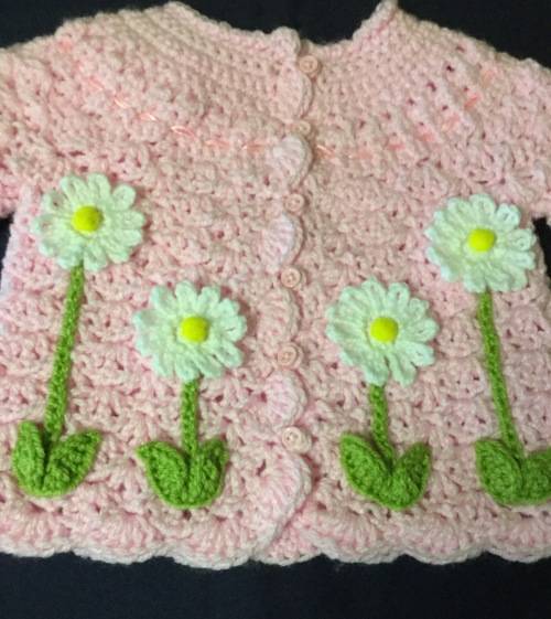 Crocheted Baby Girl Jacket & Shoes Set - Pink  - Daisies Applique (0-3+ Months)