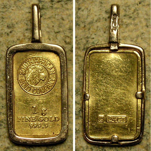 South African Gold Company 1 gm Fine Gold Bar Mounted in Gold Frame as a Pendant