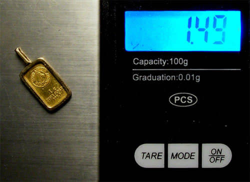 South African Gold Company 1 gm Fine Gold Bar Mounted in Gold Frame as a Pendant