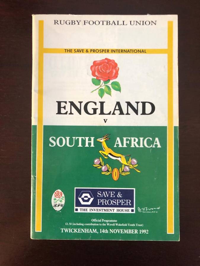 1992 England vs South Africa rugby test match day programme
