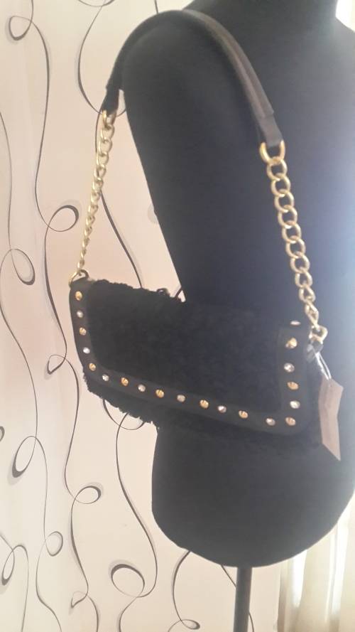 Ladies handbag, flower details, Black, Side zip